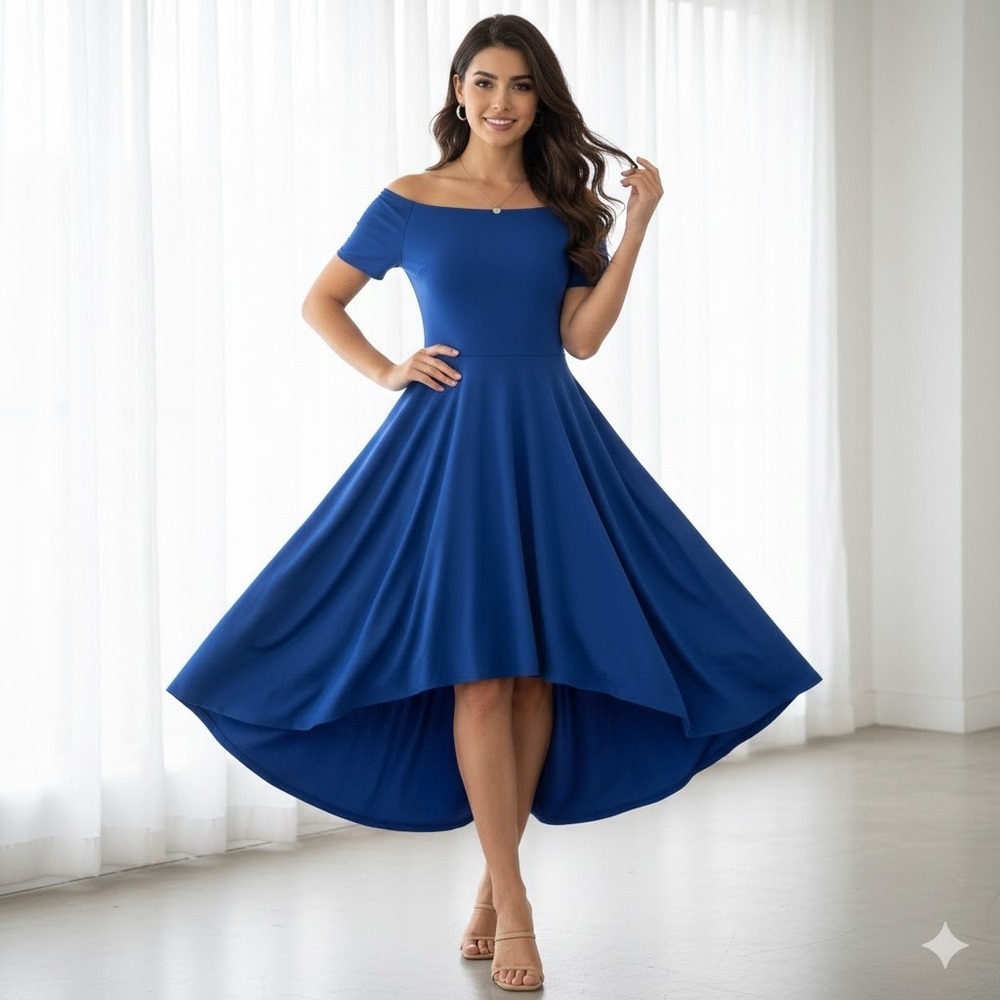 Sarin Mathews Royal Blue Off Shoulder High Low Skater‎ Dress Size L